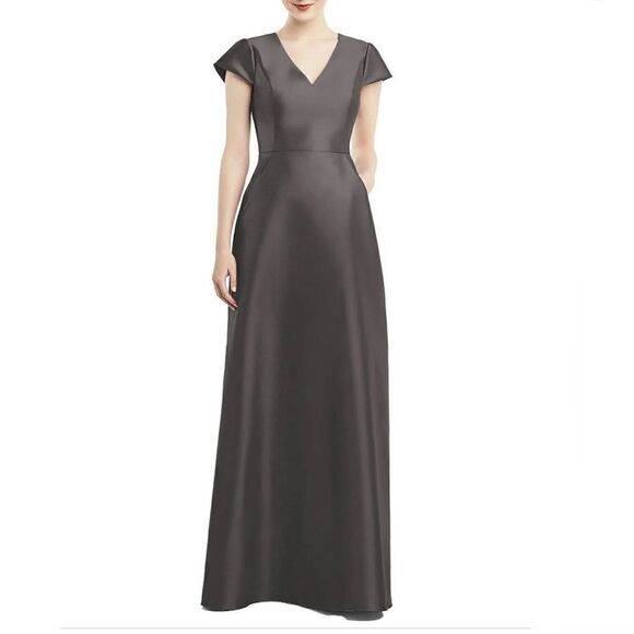 NWT Alfred Sung Caviar Gray Cap Sleeve‎ V-Neck Satin Gown Size 0 - Picture 1 of 9